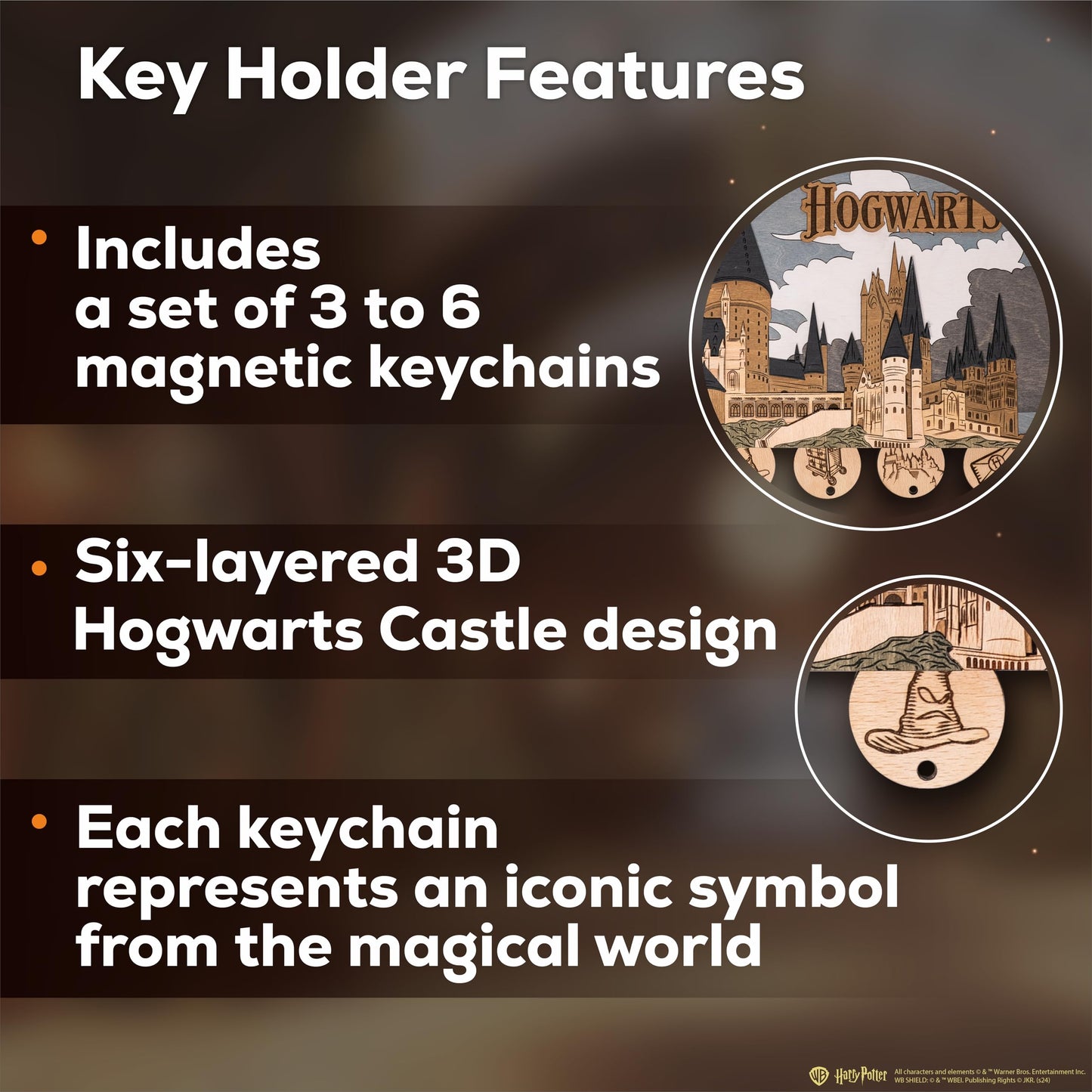 ZE WOOD Hogwarts Magnetic Key Holder - Harry Potter 3D Key Holder with Magnetic Keychains - Unique Collectible Wooden, Home Decor for Harry Potter Fans (Night Edition, M, 3 Keychains)