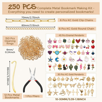 Tudomro 250 Pcs Metal Bookmarks Making Kit, DIY Metal Bar Bookmark Kit, DIY Craft Supplies with Charms, Jump Rings, Chains and Tools, Jewelry Making for Custom Bookmark Crafts (Cute)
