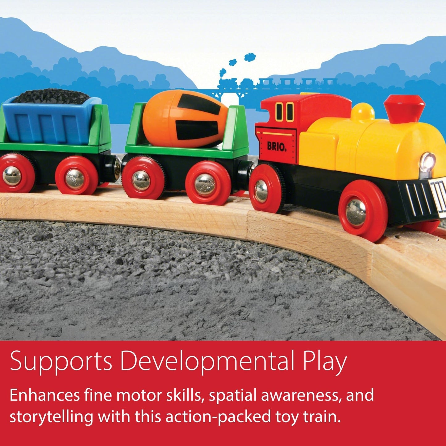 BRIO World Battery Operated Action Train - Motorized for Wooden Tracks - Kids Electric Set - Includes Moving Coal Wagon & Rotating Cement Mixer - Compatible with All Railway Sets - Kids Ages 3 & Up