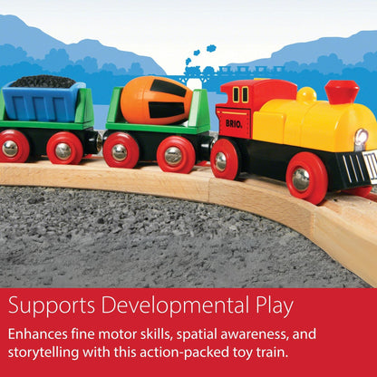 BRIO World Battery Operated Action Train - Motorized for Wooden Tracks - Kids Electric Set - Includes Moving Coal Wagon & Rotating Cement Mixer - Compatible with All Railway Sets - Kids Ages 3 & Up