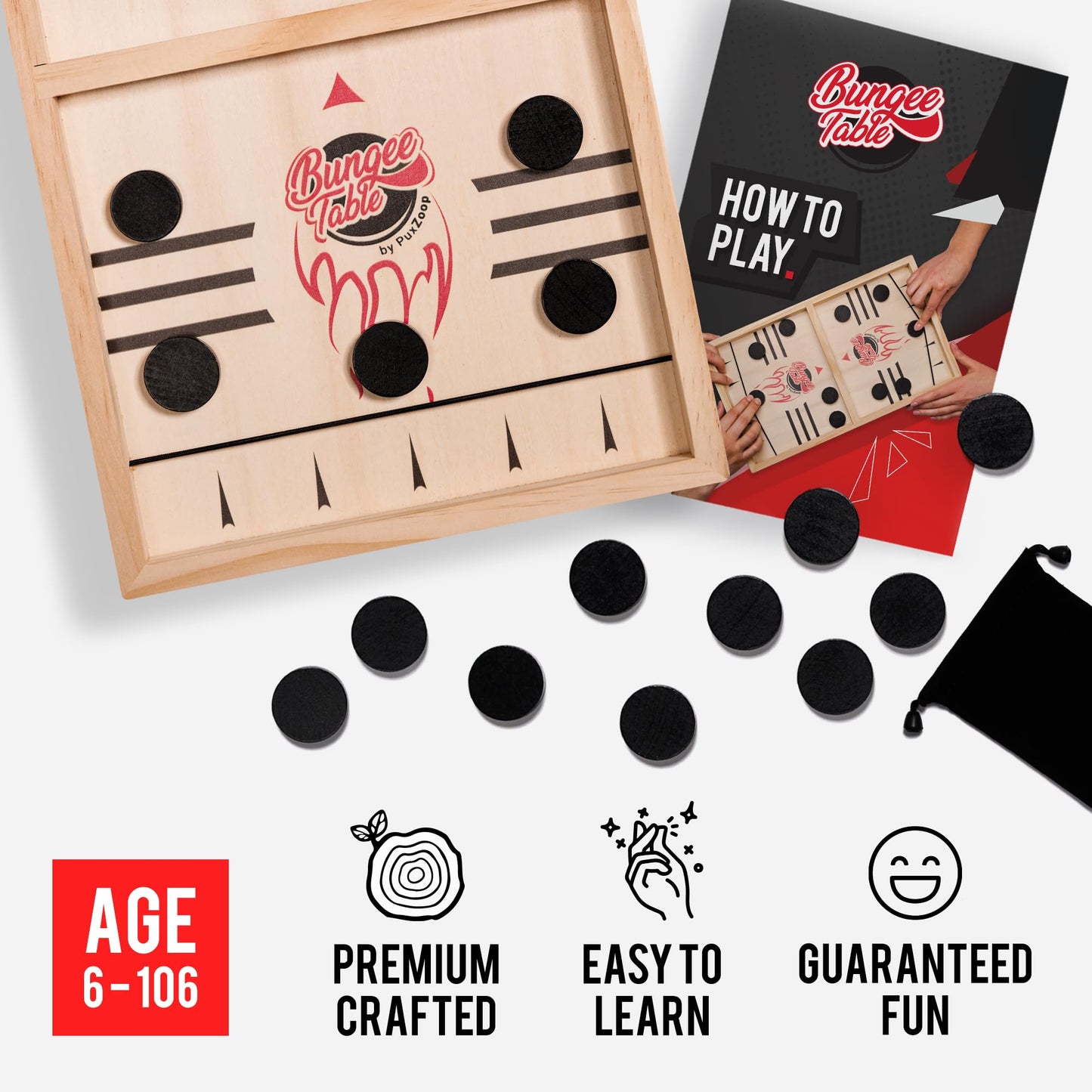 PuxZoop Fast Sling Puck Game - Large Size - Test Your Speed and Accuracy with This Fast-Paced Wooden Air Hockey Board Game - Guaranteed Fun for Family Night or Friends Party