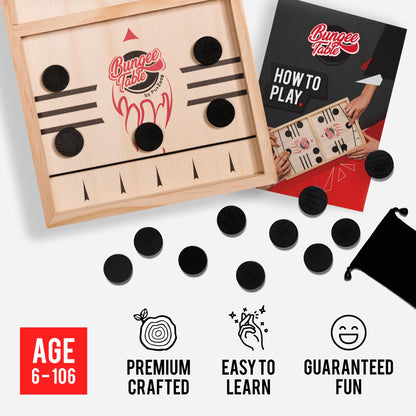 PuxZoop Fast Sling Puck Game - Large Size - Test Your Speed and Accuracy with This Fast-Paced Wooden Air Hockey Board Game - Guaranteed Fun for Family Night or Friends Party