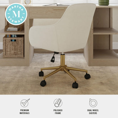 Martha Stewart Rayna Swivel Task Chair with Flared Arms for Home Office in Off White Fabric with Polished Brass Frame
