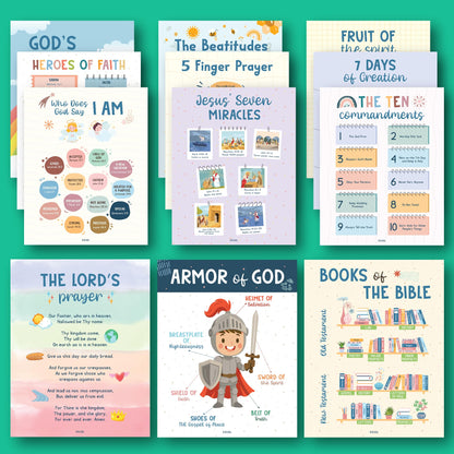 Excool Club Sunday School Decorations For Classroom - 12 Book Of The Bible Posters For Kids, Ten Commandments Fruit Of The Spirit Wall Art, Bible Study Supplies For Christian Classroom Decor (11"x14")