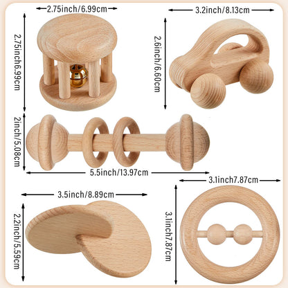 Zhanmai 5 Pcs Wooden Baby Toys Montessori Toys for 0-6-12 Months Sensory Baby Rattles with Bells Push Car Wooden Newborn Boys and Girls Gifts for Toddlers 1-3 Years Infant Grasping Sensory Development