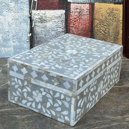 HANDMADE ENTARO Decorative Wooden Storage Box with Mother of Pearl Inlay – Elegant Floral Design – Perfect for Home Décor in Living Room, Dining Area, or Bedroom (Grey, 12x8x5 inches)