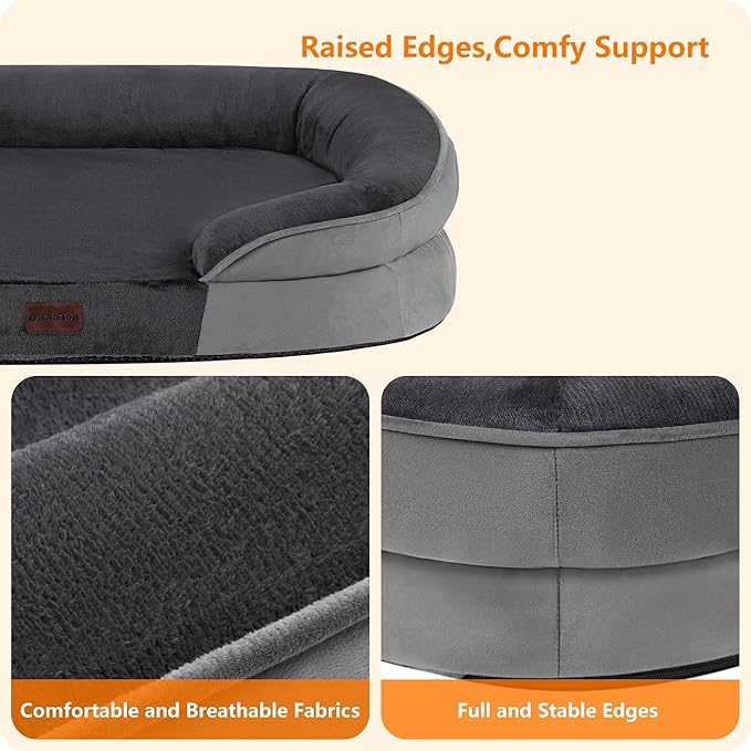 Dwanton Orthopedic Dog Bed for Extra Extra Large Dogs with Gel Memory Foam, Waterproof Dog Sofa, Washable Pet Bed with Four Sided Bolster Cushion, Removable Cover & Non-Slip Bottom, 53", Dark Grey