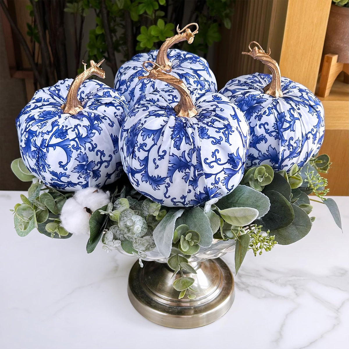Winlyn 4 Pcs Faux Decorative Blue and White Fabric Pumpkins Chinoiserie Chic Pumpkins Foam Pumpkins for Gifts Farmhouse Thanksgiving Halloween Fall Wedding Table Centerpiece Mantel Bowl Decorations