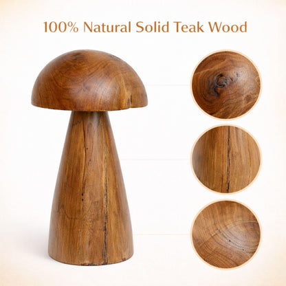 JOLLYMER Solid Teak Wood Mushroom Decor, Handmade Wooden Sculpture Rustic Boho Tabletop Accent, Natural Wood Grain Home Decoration Figurine for Living Room, Shelf, Coffee Table Indoor Decor