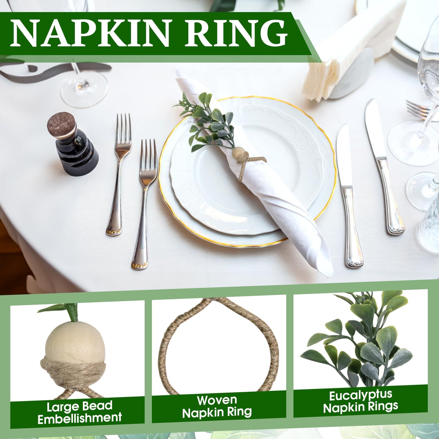 MAOANME Napkin Rings Set of 30, Rustic Eucalyptus Napkin Holder Rings with Wood Bead, Farmhouse Green Leaf Napkins Ring Bulk, Boho Napkins Ring for Wedding, Table Decor
