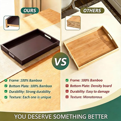 Dark Brown Bamboo Serving Tray Set of 2 with Handles, Nesting Wooden Trays for Serving Food & Drinks, Rectangular Coffee Table Ottoman Tray for Living Room Decor, Large 16.9” & Small 15.6”