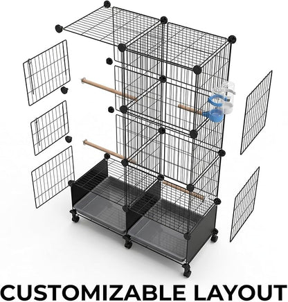 Large Bird Cage with Rolling Stand, 46x24x12 Inch Flight Cage for Parakeets, Cockatiels, Conures, Metal Wire Cage with Wooden Perches, Feeders, Wheels, Black