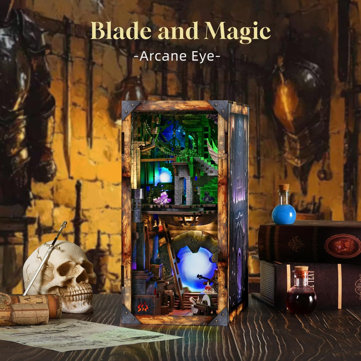 CCCDF DIY Book Nook Kit, DIY Miniature Dollhouse Booknook Kit, 3D Wooden Puzzle Bookend Bookshelf Insert Decor with LED Light for Teens and Adults (Blade and Magic)