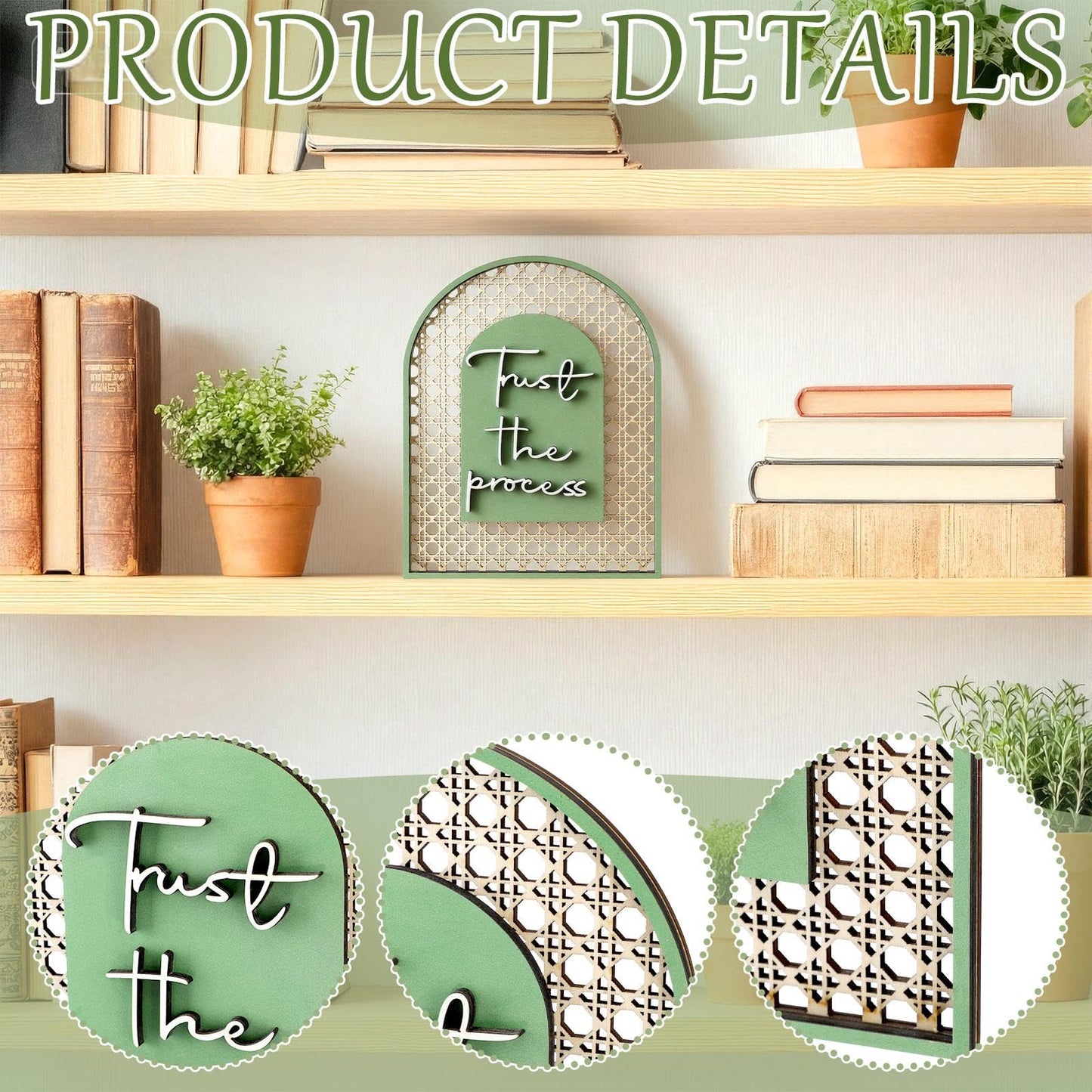 Honoson Boho Shelf Decor Trust The Process Wooden Standing Sign Inspirational Hollow Arched Table Decoration Sage Green Natural Wood Tabletop Decoration for Home Office Bedroom Living Room Shelf Decor