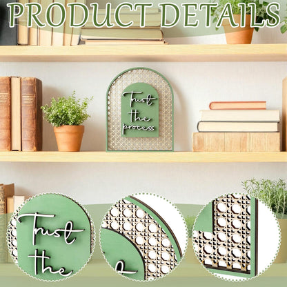 Honoson Boho Shelf Decor Trust The Process Wooden Standing Sign Inspirational Hollow Arched Table Decoration Sage Green Natural Wood Tabletop Decoration for Home Office Bedroom Living Room Shelf Decor