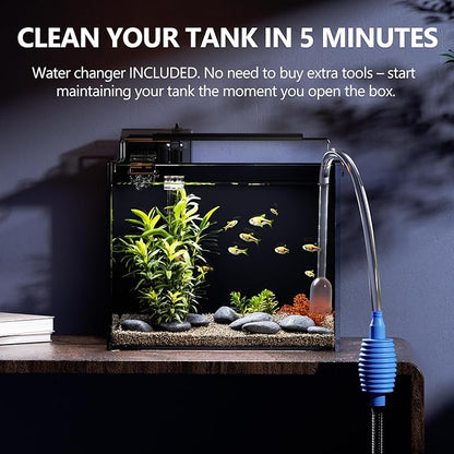 3 Gallon Fish Tank Aquarium Kit with HOB Filter, LED Light with Timer, Lid, Siphon Vacuum Cleaner, Self Cleaning Glass Rimless Betta Tank