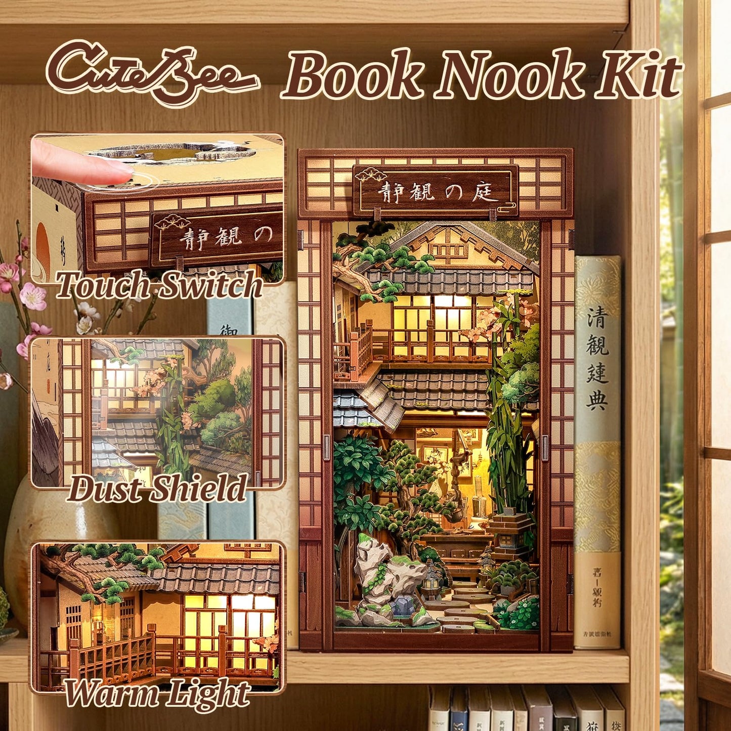 CUTEBEE Book Nook Kit – DIY Miniature House Kit for Adults, Serene Courtyard Japanese Zen Booknook, 3D Wooden Puzzle Bookshelf Insert, Dollhouse Bookend Decor Gift for Adults Teens(Serene Courtyard)