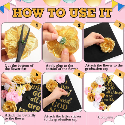 Knitgrip 31 Pcs DIY Graduation Cap Decorations Kit Faux Flower Heads 3D Butterfly Stickers Graduation Quotes Glitter Decals for Grad Hat Topper Graduations Party Supplies(Pink, White, Gold)