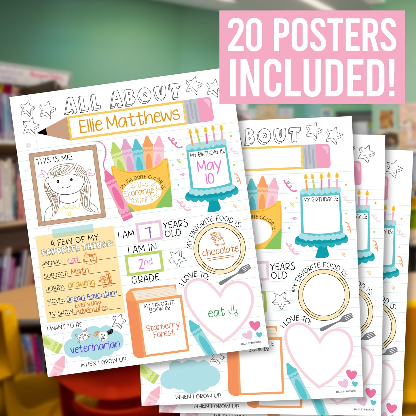 Hadley Designs All About Me Posters for Classroom Must Haves - 20 Star Student Poster, 100 Days of School Items, Star of The Week Poster Elementary Classroom Decor, End of School Year Teacher Supplies