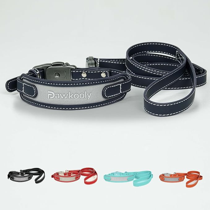 MagEase Dog Collar with 4FT Leash | Adjustable | Anti-Wrinkle, Bite & Stain-Resistant Leather | Soft & Skin-Friendly | 450LB Escape-Proof Magnetic Buckle (Navy Blue, Large)