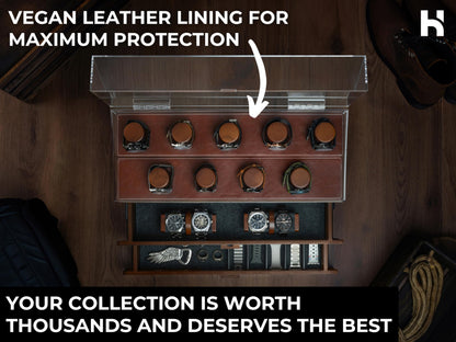 Premium 17 Slot Watch Box for Men - Extra Large Wooden Watch Display Case with Hinged Cover, Leather Lining & 2 Drawers - Watch Holder Organizer Stand - Handcrafted Luxury Father's Day Present for Men