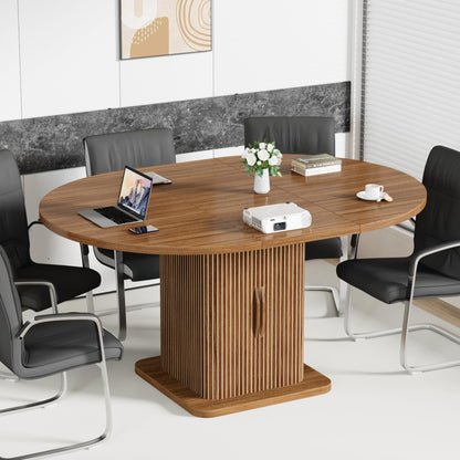 Extendable Round Conference Table for 4-8 People, 43in-59in Modern Oval Meeting Room Table with Storage, Fluted Wood Slide Doors, Small Compact, Office, Training, Conference Room, Walnut