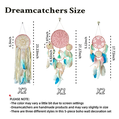 Handmade Dream Catchers Set of 5, Pink Boho Macrame Wall Hanging Decor for Women, Gift for Mother's Day, Birthday, Christmas, Housewarming, Nursery, Teen Girl Bedroom Aesthetic
