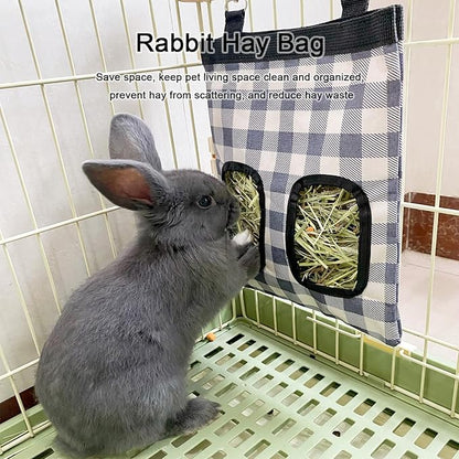 Rabbit Hay Feeder Bag, Large Capacity Rabbit Hay Bag Small Animal Hanging Hay Bag 600D Oxford Cloth Bunny Hay Feeder Bag for Rabbits Guinea Pigs Chinchillas (Plaid-2 Holes-2Pcs)