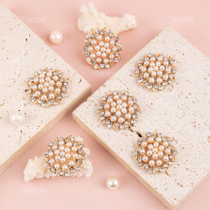 AUEAR, 15 Pack Gold Rhinestone Pearl Flower Buttons Flatback Crystal Embellishments for Jewelry Making Clothing DIY Craft