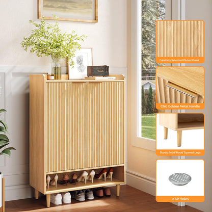 VINGLI Shoe Cabinet with Fluted Doors, 6 Tier Large Wooden Entryway Shoe Storage Cabinet with Adjustable Shelves,44.5" Tall Modern Freestanding Shoe Rack Organizer for Entryway, Hallway, Closet,Oak