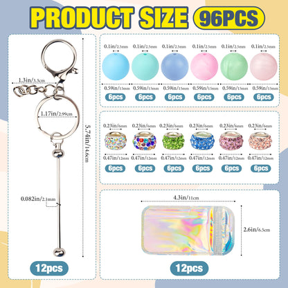 Qoroos 96pcs Beadable Keychains Set Bulk for Keychain Making Kit with Beadable Keychain Bar Silicone Beads Spacer Beads DIY Gifts for Women Men Crafts