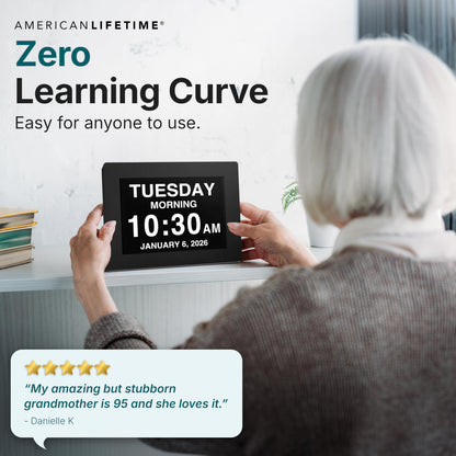 American Lifetime Large Digital Clock for Seniors, Black, 8 inch, with Day & Date, Customizable Alarms, Auto-Dimming, Multi-Language Support, Battery Backup, Easy Setup, and Gift Option