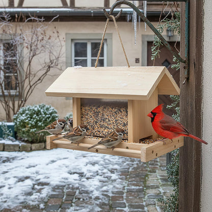 Zeqeey Hanging Wooden Bird Feeder, Outdoor Large Capacity Wood Birdfeeder for Feeding Outside Garden Wild Birds Finches Robin Sparrow Blue Jay Chickadees