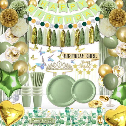 Guudmua 222 Pcs Sage Green Happy Birthday Decorations, Birthday Decorations for Women or Girl Kit- Disposable Dinnerware Set with 25 Guest, Balloons, Sash, Tiara, Banner, Paper Pom Poms