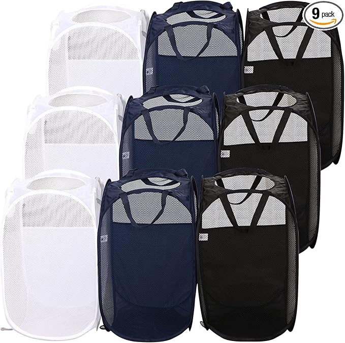 AQQA 9 Pcs Mesh Popup Laundry Hamper Set, Durable Handles, Sturdy Mesh
