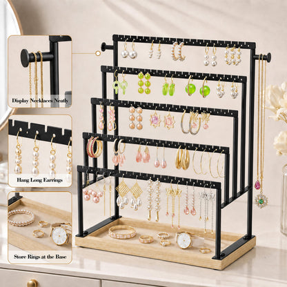 TIPSYTREE 5 Tier Earring Holder Organizer with Attached Wooden Tray, Large Earring Storage for Studs Hoops Dangle Earrings, Black Metal Earring Display Stand for Dresser or Vanity Table