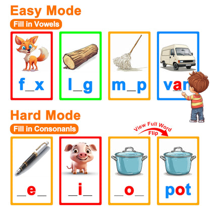 CVC Learning Flash Cards 1 Set- Educational Spelling and Reading Game for Preschool and Kindergarten, Includes Colorful Erasable Pens