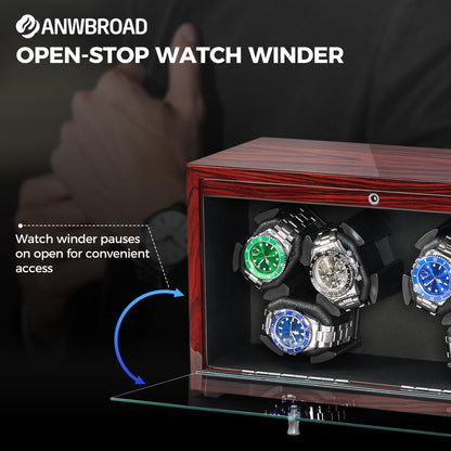 ANWBROAD Automatic Watch Winder, 6 Watch Winders for Automatic Watches with Glass Lid, 4 Modes Watch Winder box with Adapter, Super Quiet Motor-Red Piano Finish, Fathers Day UJWW003Y