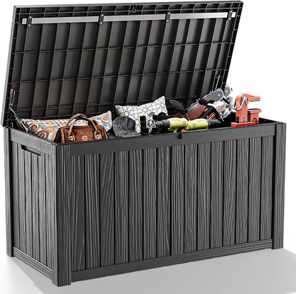 180 Gallon Resin Deck Box, Lockable Weatherproof Outdoor Storage Box for Furniture, Garden Tools and Tools Storage, Waterproof Outside Storage Boxes - Black