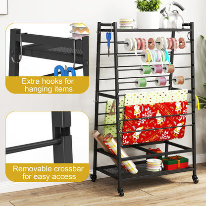 yeshine Ribbon Organizer for Craft Room, Rolling Ribbon Holder, Double-Sided Ribbon Holder Organizer Rack, Metal Craft Christmas Gift Wrapping Paper Holder, Large Capacity Ribbon Storage Rack