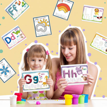 Ireer 36 Pcs Alphabet & Weather PlayClay Mats for Kids Activity Card for Clay Preschool Number Alphabet Animal Shape Learning Activity Games for Classroom Home Educational Supplies