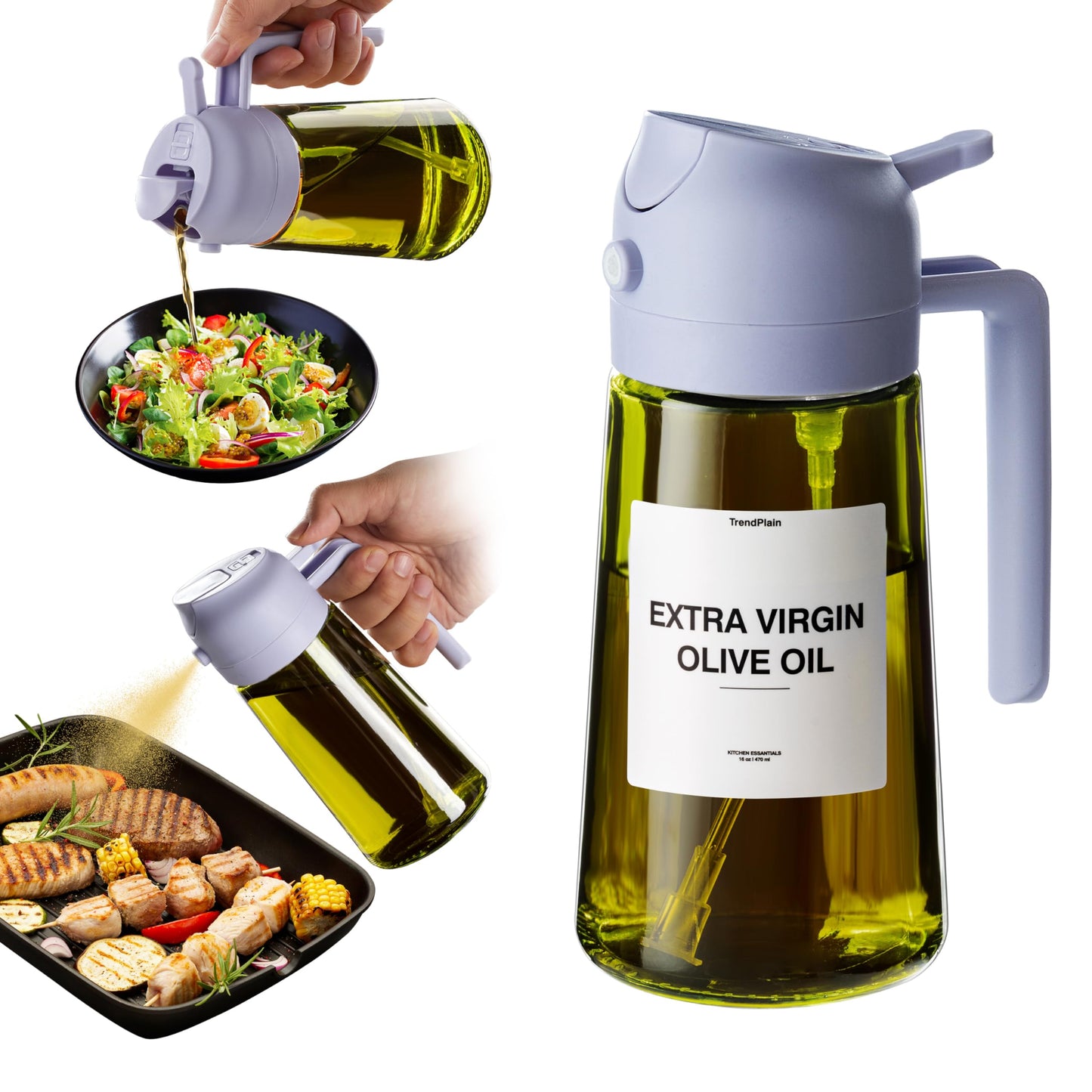TrendPlain - Original 16oz/470ml Olive Oil Dispenser Bottle for Kitchen Gadgets and Air Fryer Accessories - Olive Oil Sprayer for Cooking w/Stickers - Black&Green