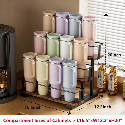 Wolera Stanley 40 oz Tumbler Compatible Organizer, 3-Tier Water Bottle Organizer with Wooden Shelves, Carbon Steel Rack Holds 12 Bottles, Kitchen & Bar Storage