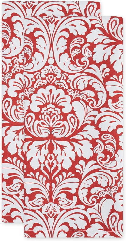 DII Cotton Dish Towel Set Damask Print, Tango Red