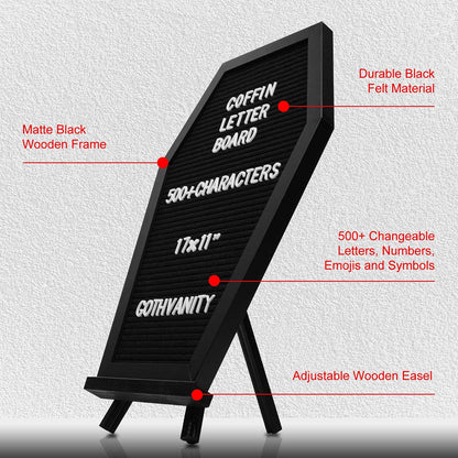 Gothvanity Gothic Coffin Letter Board - 500+ Characters Changeable Black Decor, Wooden 17x11 Inches, Table Top & Wall Mount for Home Office School