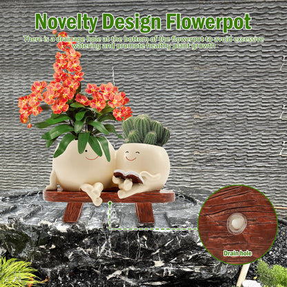 PTMTFYL Face Planter Pot, Flower Head Planter, Cute Resin Smiling Plant Pot with Drainage Hole, Chair Succulent Pots for Indoor and Outdoor Plants, Gift Ideai for Appreciation Christmas