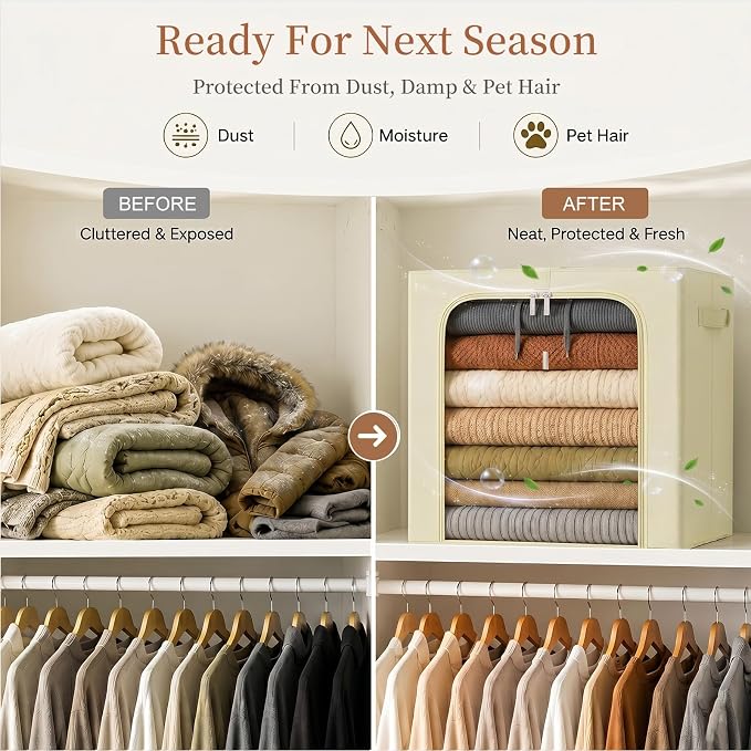 GoMaihe Clothes Storage Bins with Metal Frame, 55L Blanket Storage Boxes for Above Shelf Closet, 4 Pack Stackable Clothing Storage Organizer with Clear Window for Bedding Sweaters Comforters – Beige