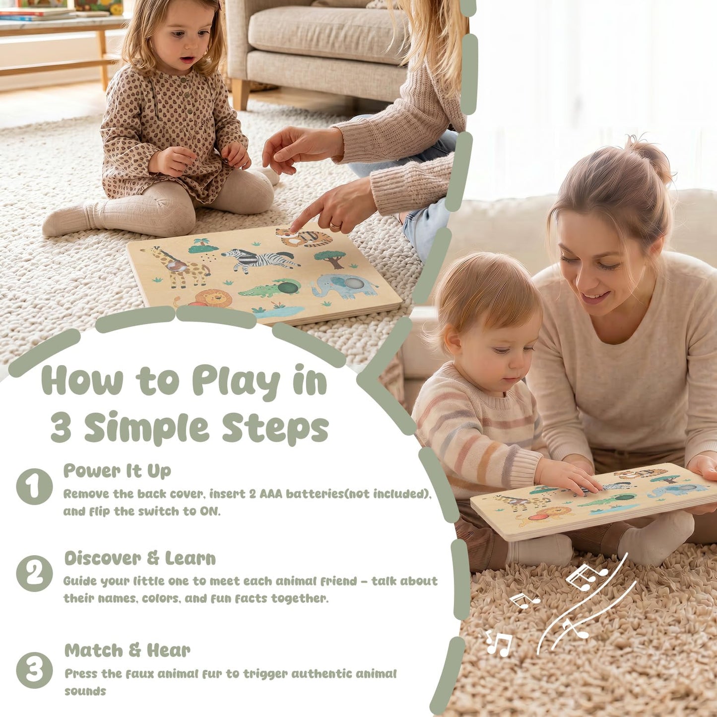 Freniland Press-to-Play Wild Animal Sound Puzzle for Toddlers, Wooden Safari Sound Board with Push Buttons, Montessori Learning Toy for 18M+