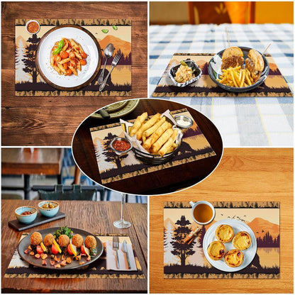 Forest Animal Cabin Placemats Set of 4, 12x18 Inch Country Bear Sunset Rustic Wooden Farmhouse Style Pine Tree Nature Printed Fall Holiday Coffee Table Mats for Party Kitchen Dining Decoration