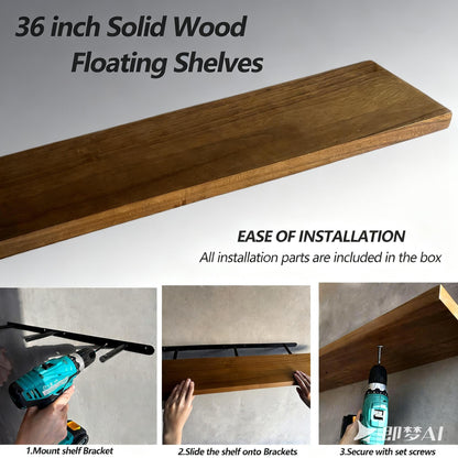 ROGMARS 36 Inches Long Walnut Floating Shelves,Rustic Solid Wood Farmhouse Wall Shelves with Invisible Brackets for Bathroom, Living Room, Bedroom, Kitchen Set of 2